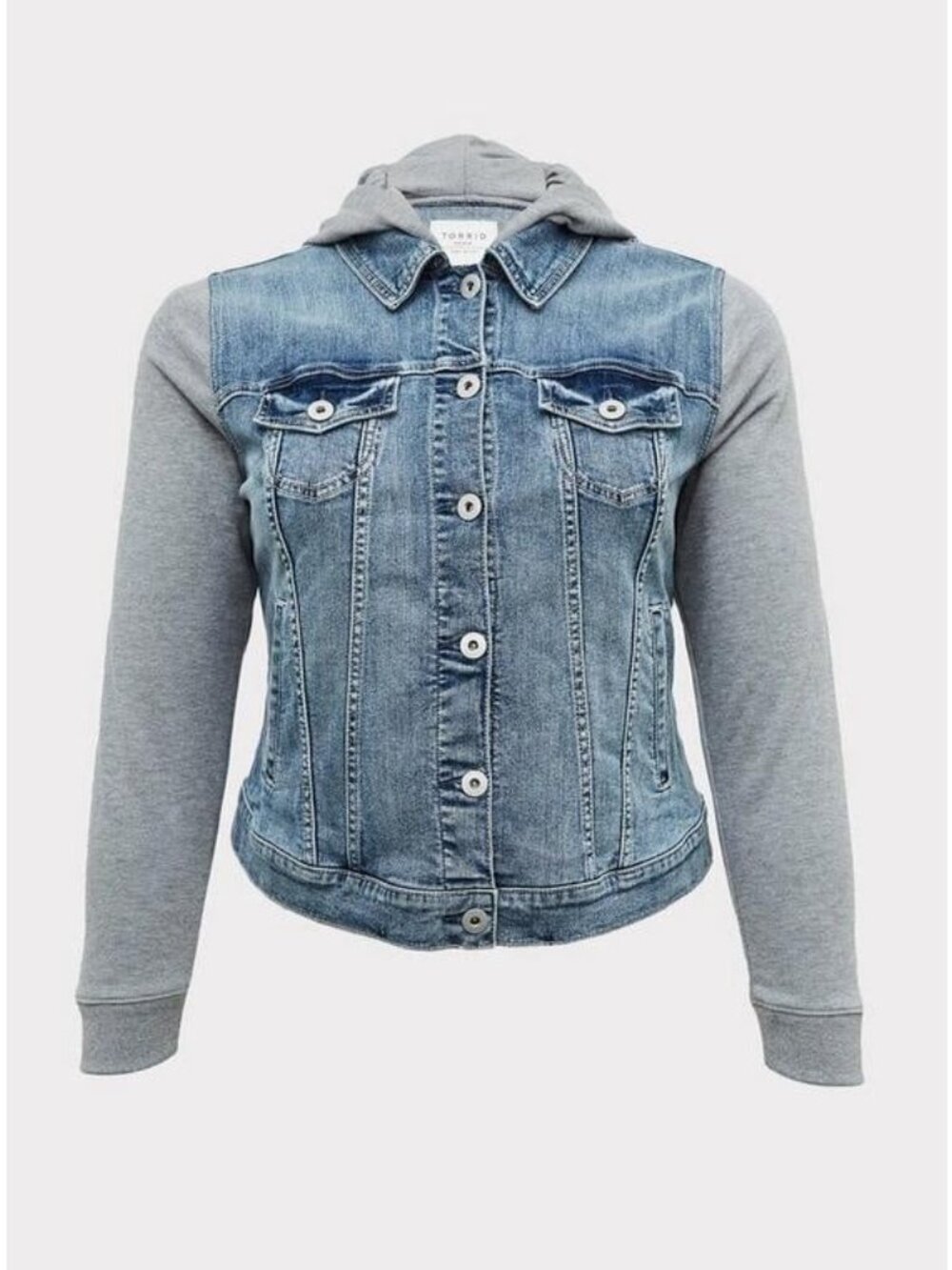 Torrid Denim & Terry Hooded Crop Trucker Jean Jacket Stretchy Plus Size 4X 26 - Picture 8 of 9